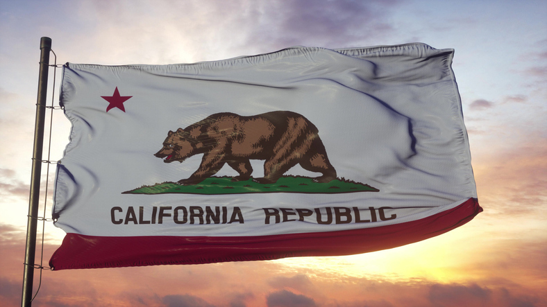 Flag of California waving in the wind against deep beautiful sky. 3d illustration